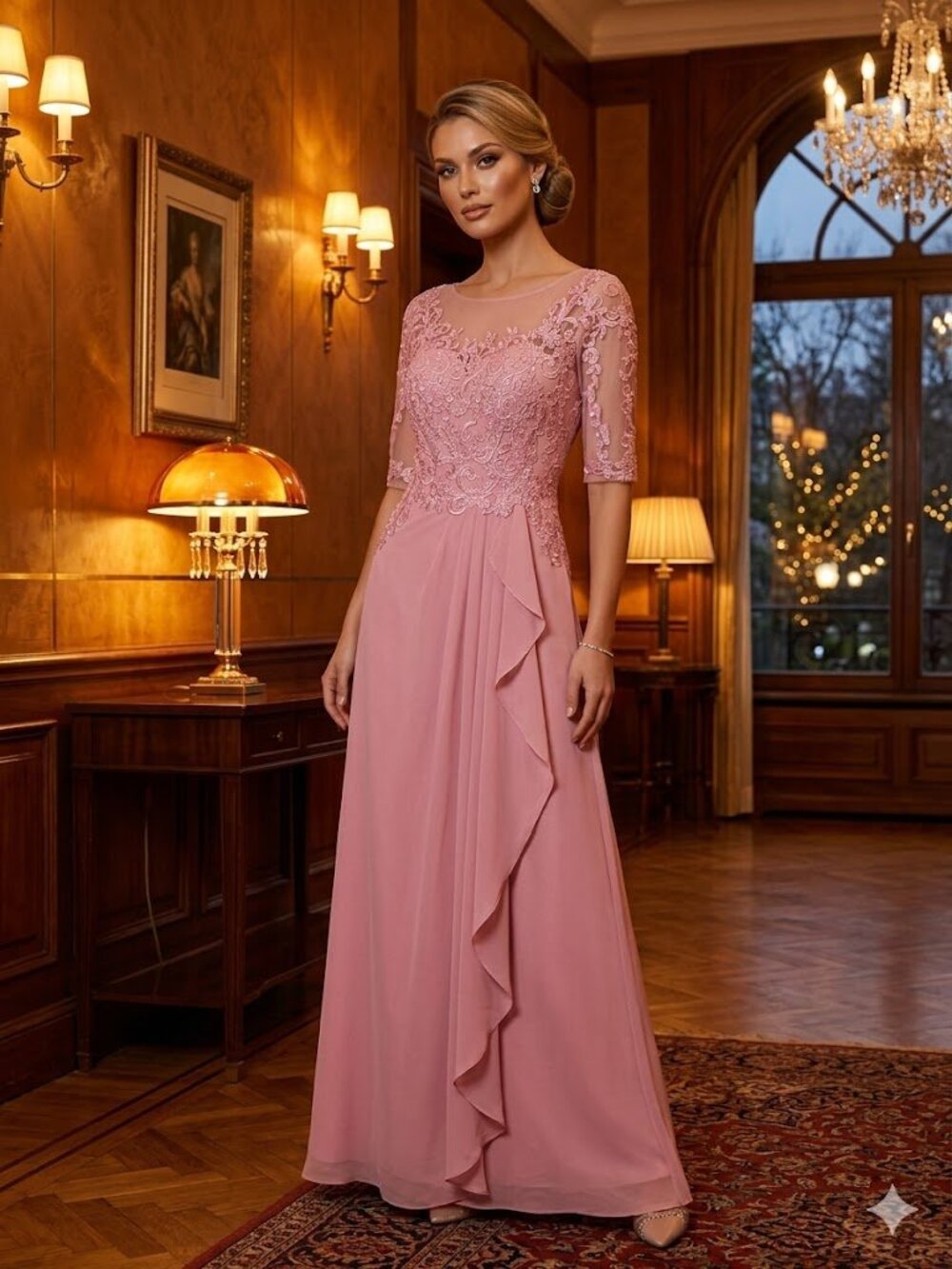 Pink Lace Appliqué Chiffon Evening Dress size 8/10